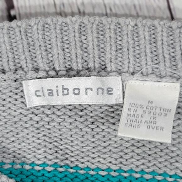 Vintage Claiborne Striped Sweater‎ Blue Teal Gray M - Picture 3 of 4